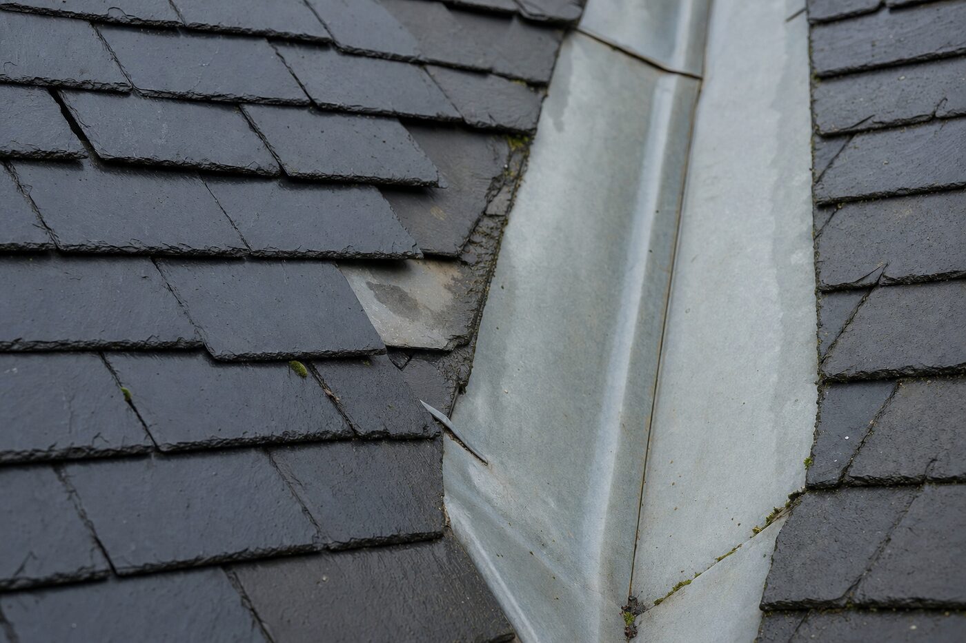 Inspection d'une noue de toiture ardoise à la recherche d'une infiltration